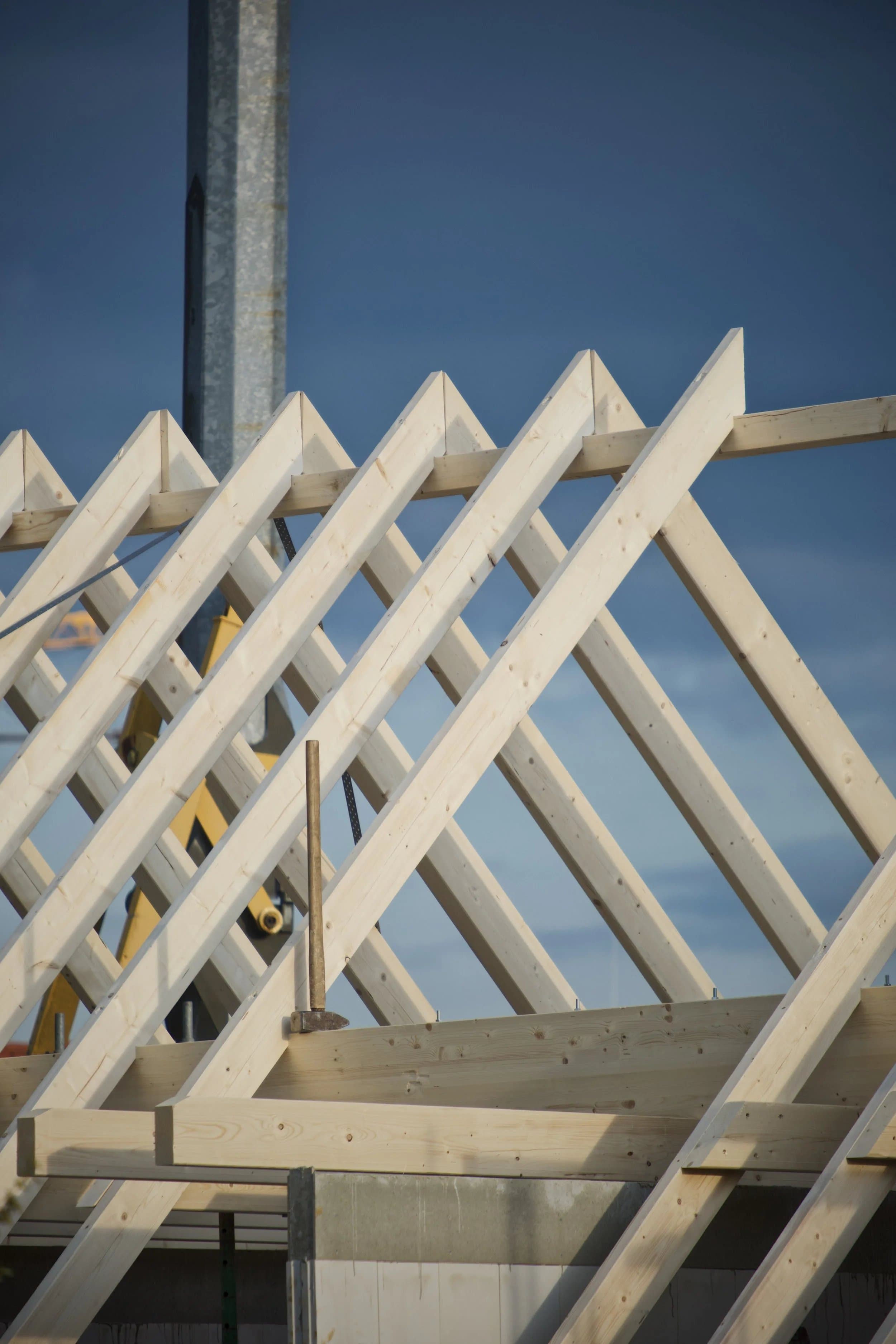 Timber roof trusses against a blue sky